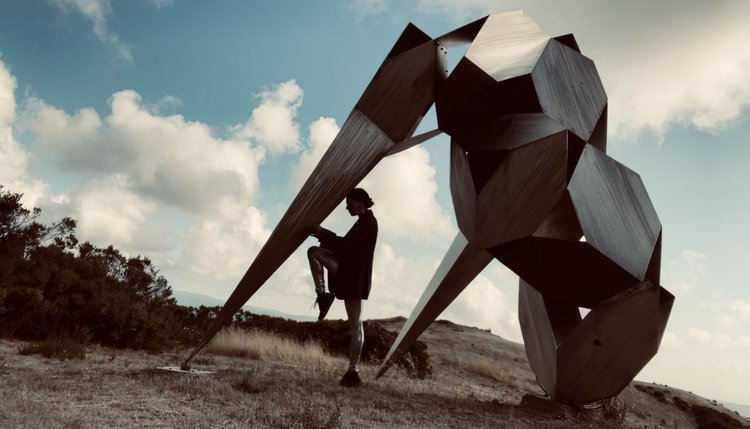 A dancer interacting with a metal sculpture on a hillside